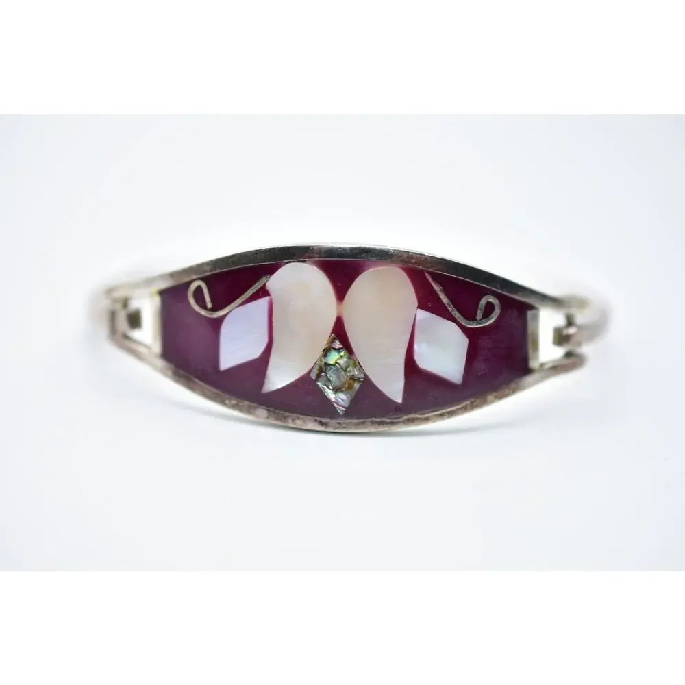 Vintage Bangle Bracelet Mexico Hinged Silver Mother Pearl Inlay Red Enamel Bin2